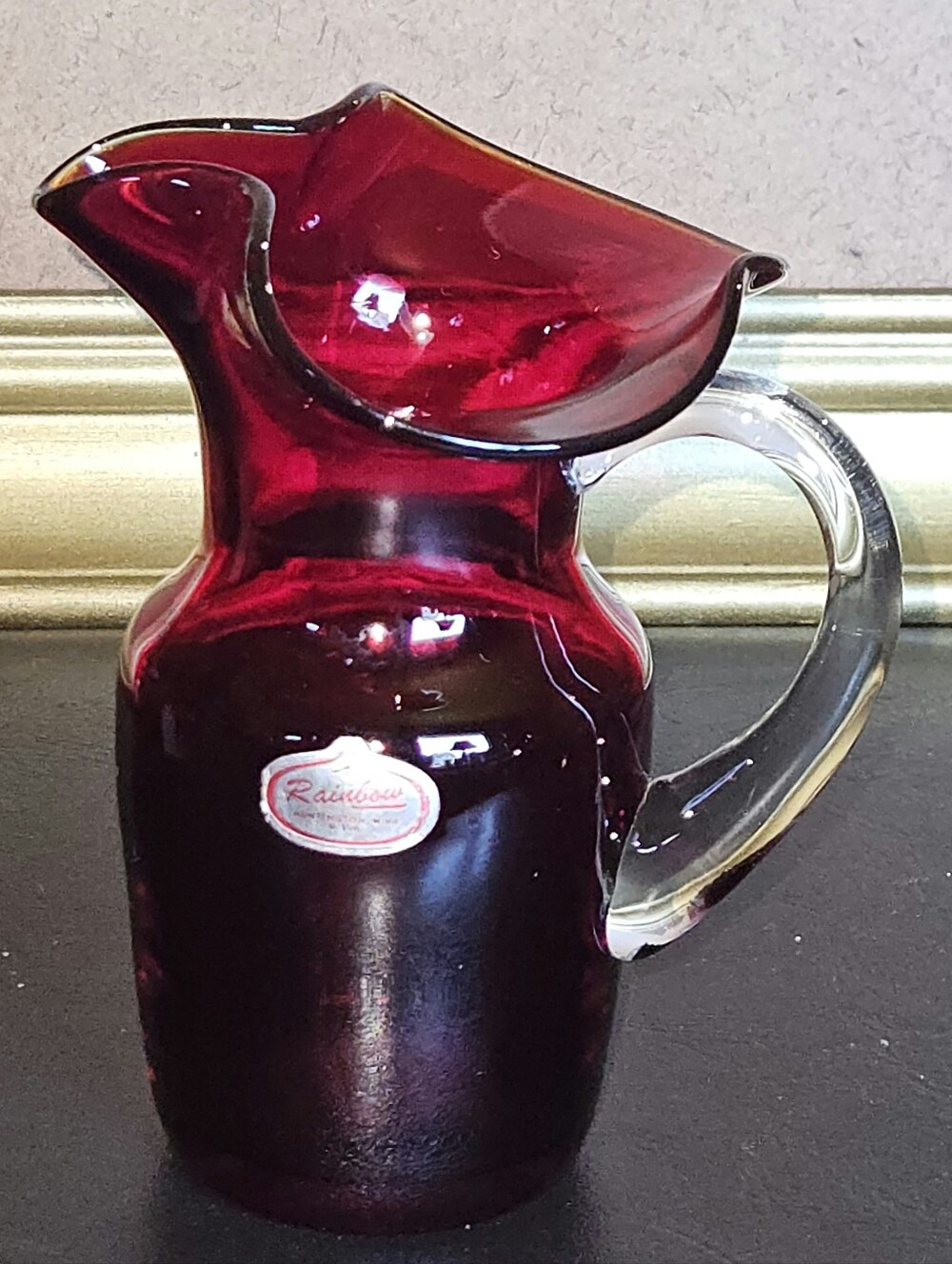 Vintage Ruby Red Ruffle Edge Mini Pitcher Art Glass Hand Blown